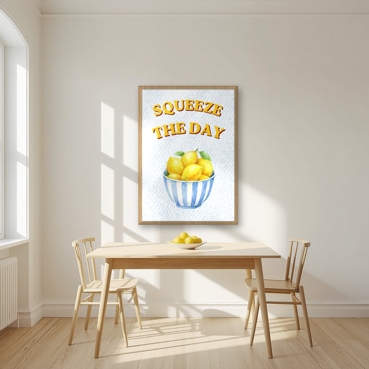 Squeeze The Day – Amalfi Aqua in an oak frame, above a dining table in a bright kitchen