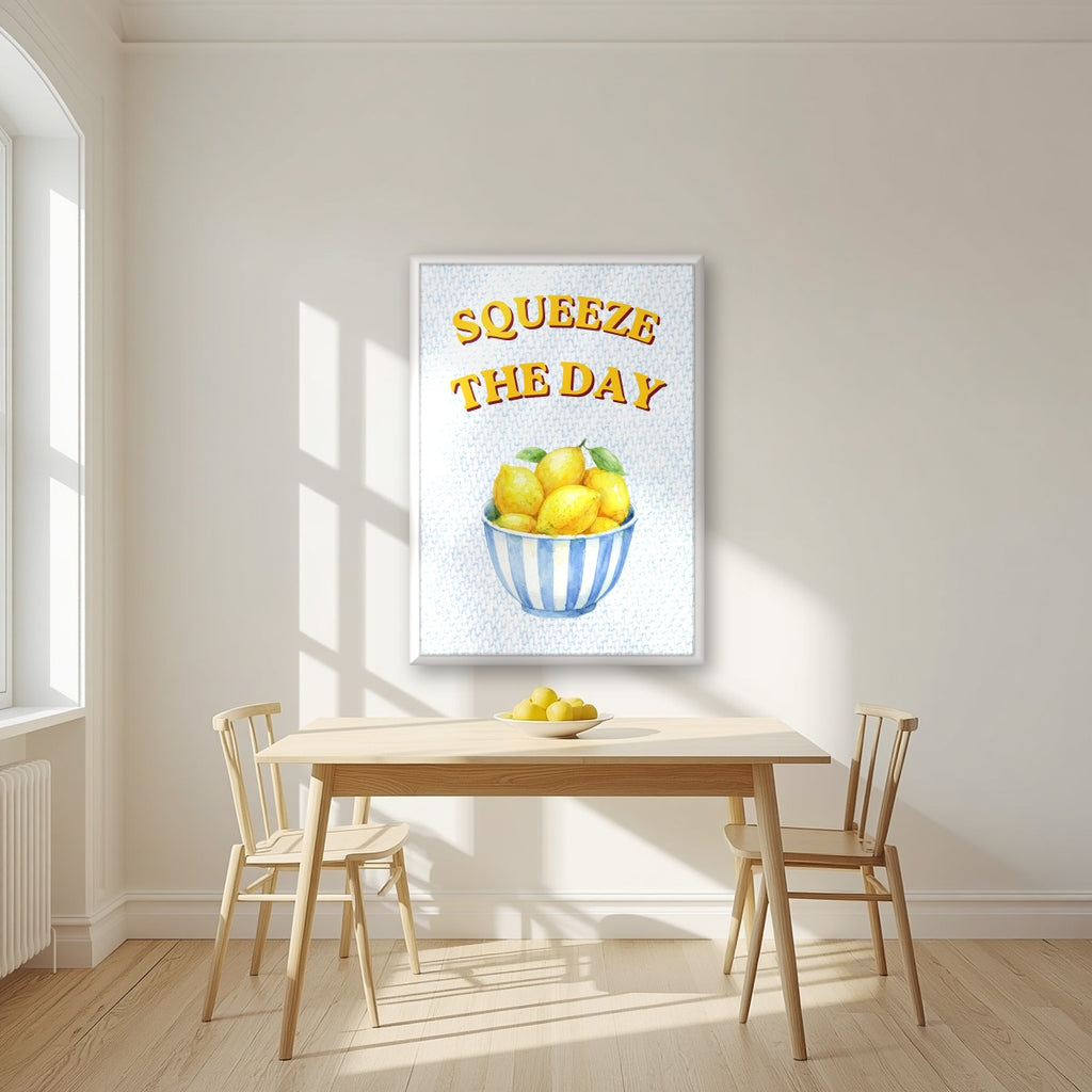 Squeeze The Day – Amalfi Aqua in a white frame, above a dining table in a bright kitchen
