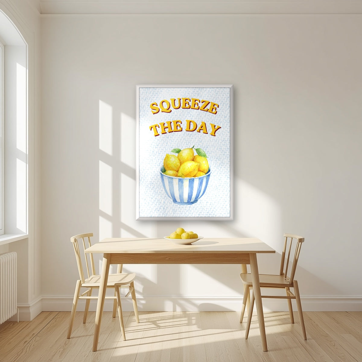 Squeeze The Day – Amalfi Aqua in a white frame, above a dining table in a bright kitchen