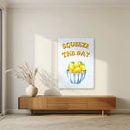 Squeeze The Day – Amalfi Aqua as an unframed print, above a walnut sideboard in a living room