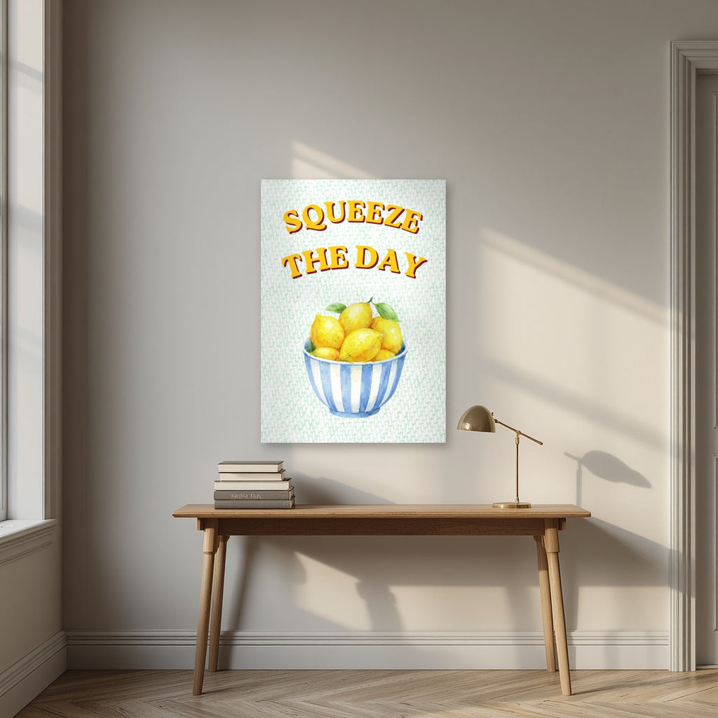 Squeeze The Day – Cabana Green as an unframed print, above an oak writing desk