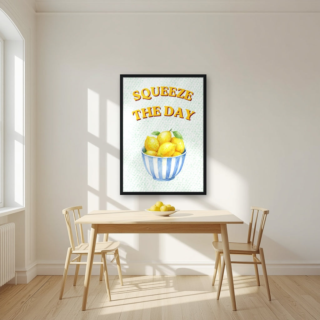 Squeeze The Day – Cabana Green in a black frame, above a dining table in a bright kitchen