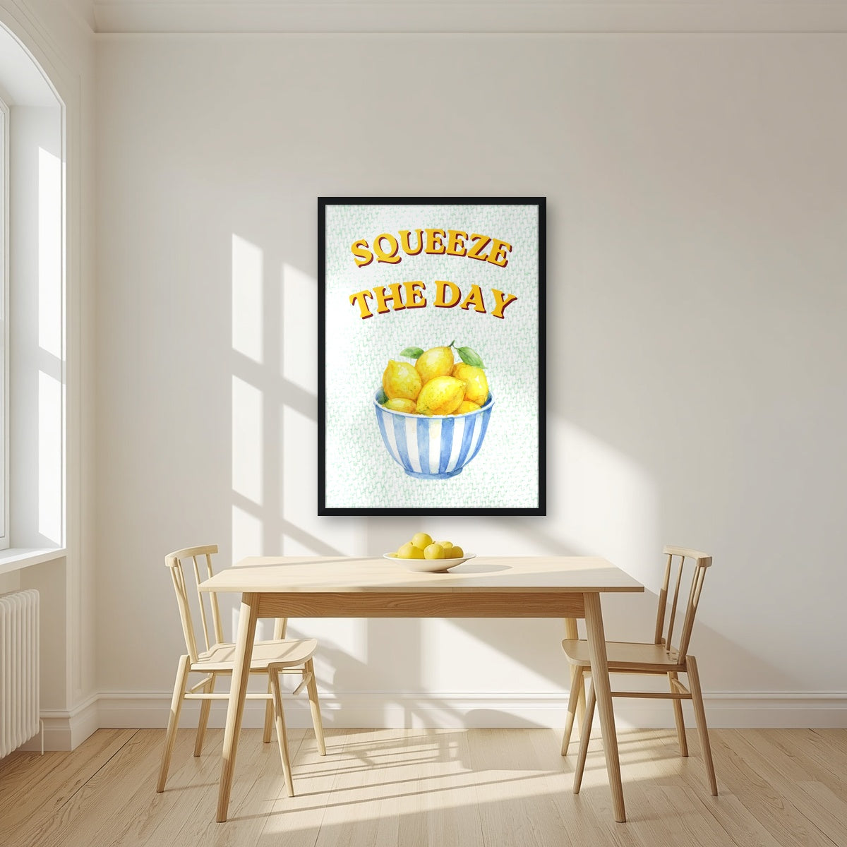 Squeeze The Day – Cabana Green in a black frame, above a dining table in a bright kitchen
