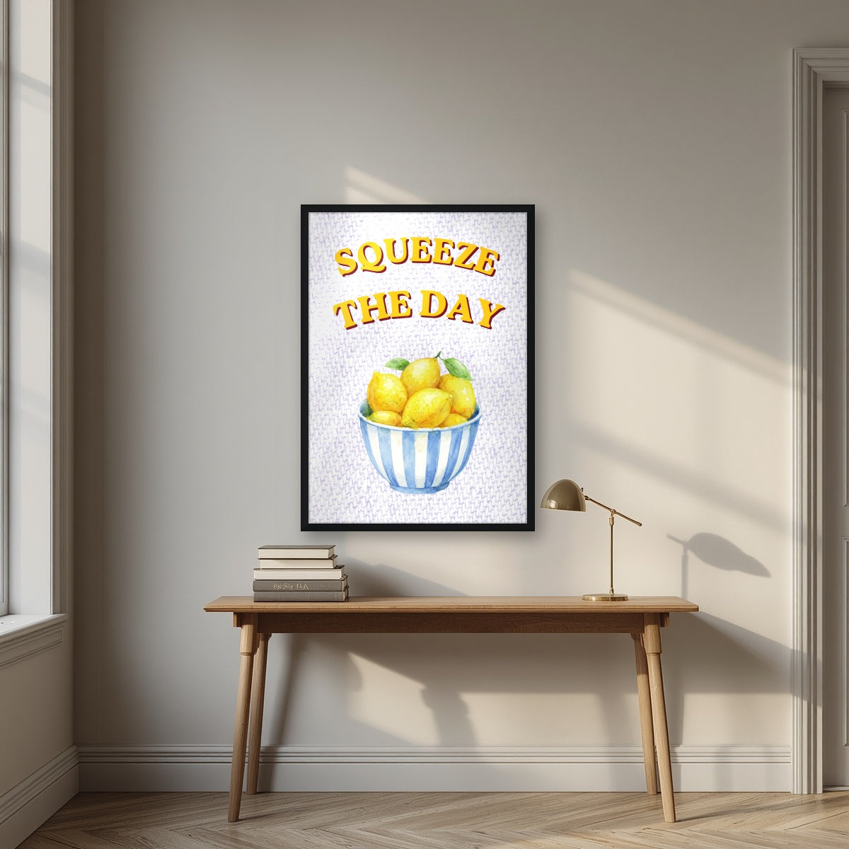 Squeeze The Day – Capri Violet in a black frame, above an oak writing desk