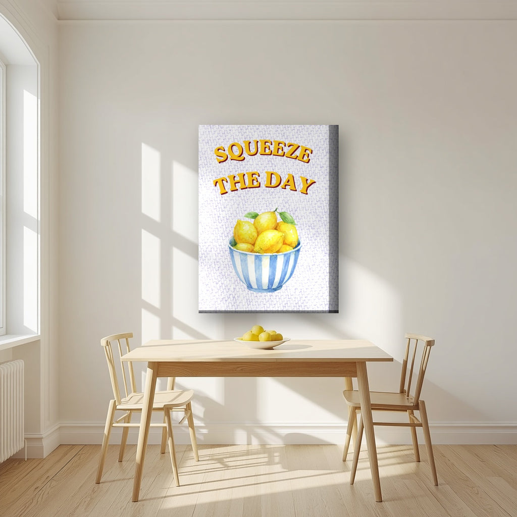 Squeeze The Day – Capri Violet on a thick-edge canvas, above a dining table in a bright kitchen