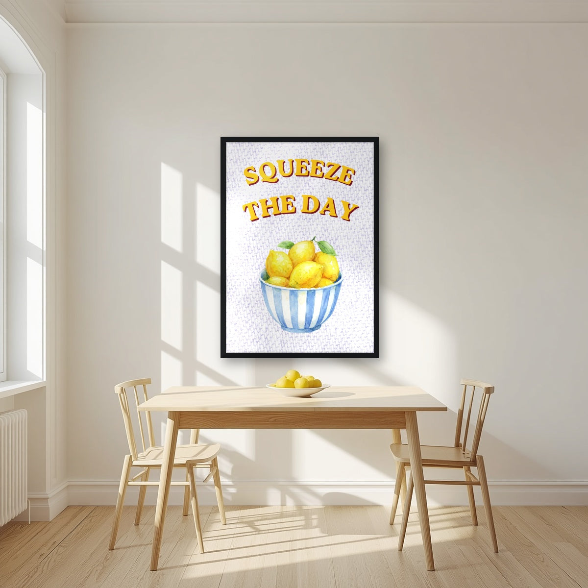Squeeze The Day – Capri Violet in a black frame, above a dining table in a bright kitchen
