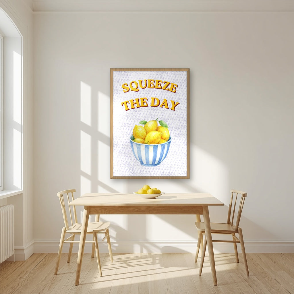 Squeeze The Day – Capri Violet in an oak frame, above a dining table in a bright kitchen