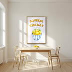 Squeeze The Day – Capri Violet in an oak frame, above a dining table in a bright kitchen