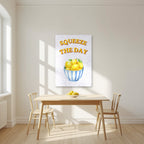 Squeeze The Day – Capri Violet as an unframed print, above a dining table in a bright kitchen