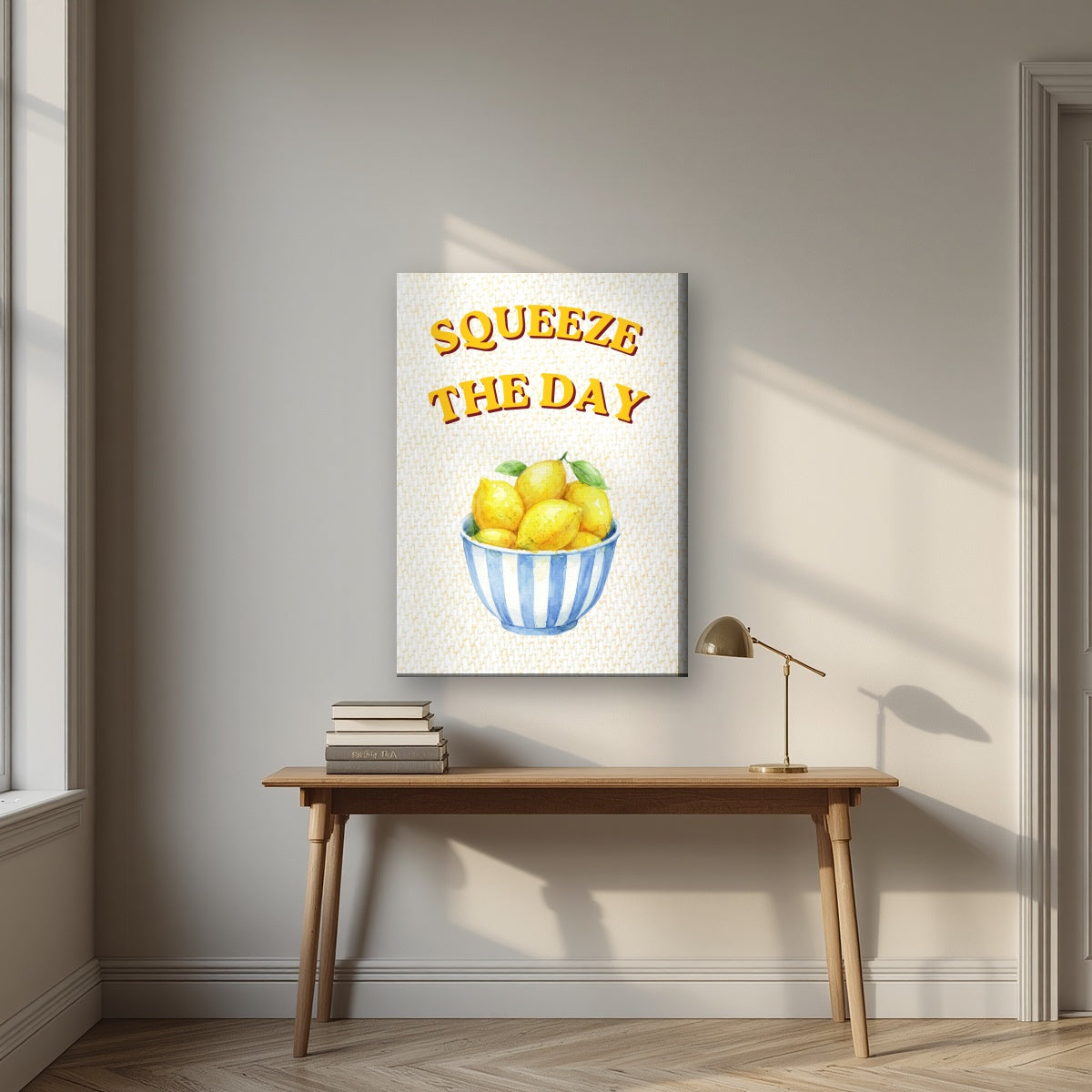 Squeeze The Day – Limoncello on a slim-edge canvas, above an oak writing desk