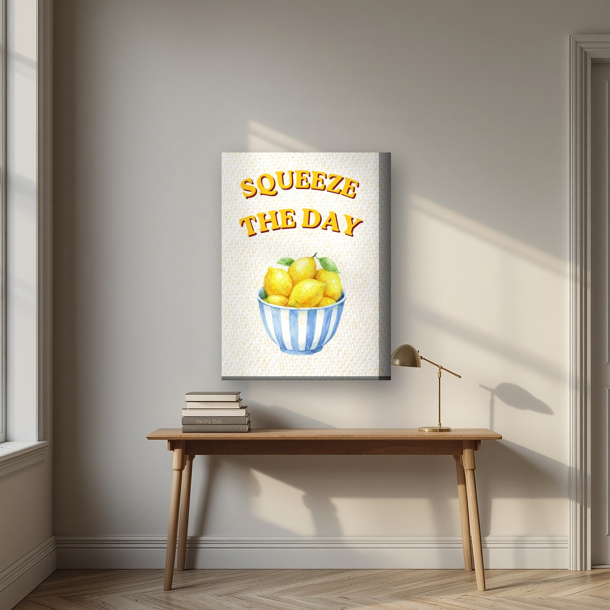 Squeeze The Day – Limoncello on a thick-edge canvas, above an oak writing desk
