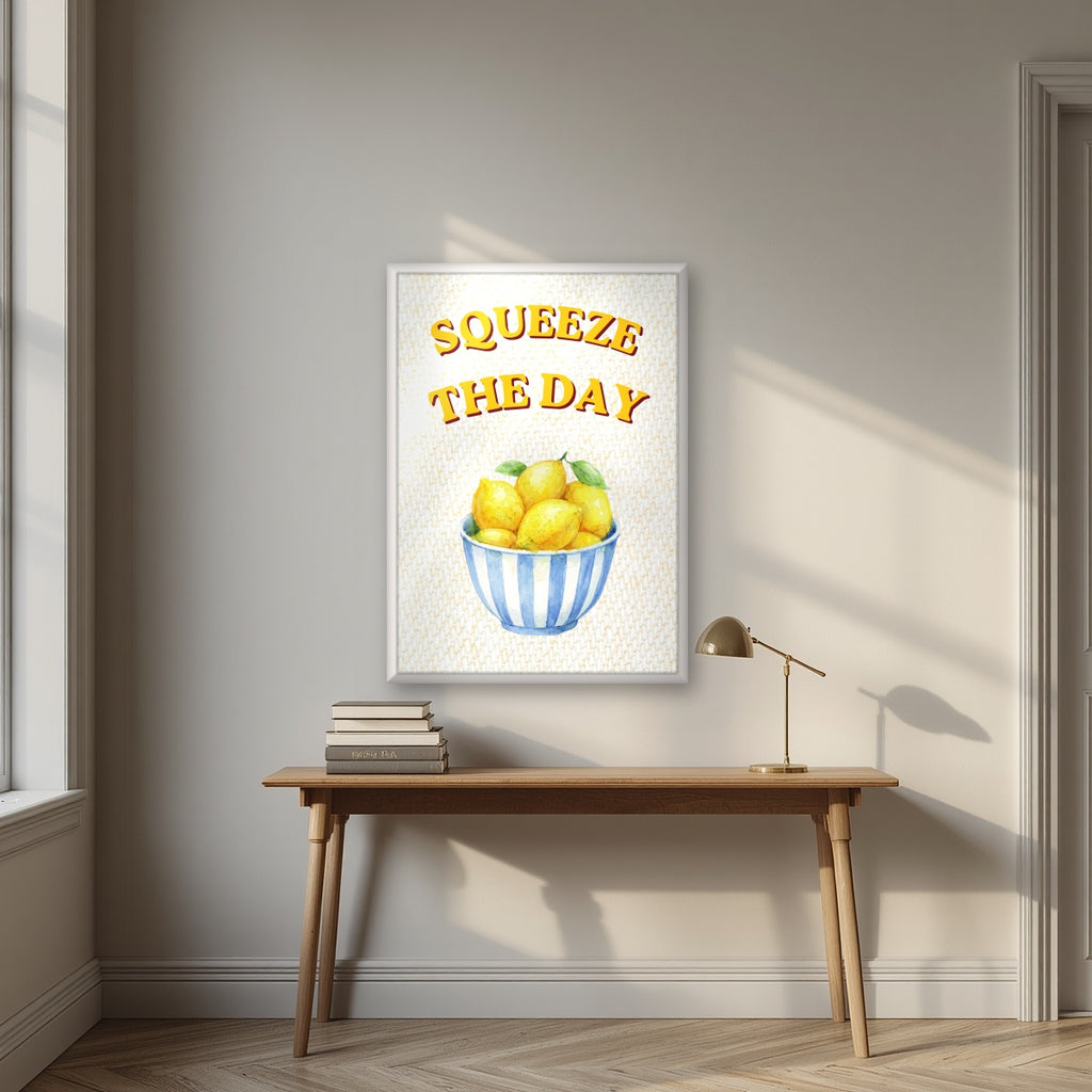 Squeeze The Day – Limoncello in a white frame, above an oak writing desk