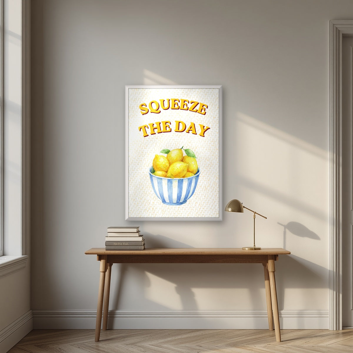 Squeeze The Day – Limoncello in a white frame, above an oak writing desk