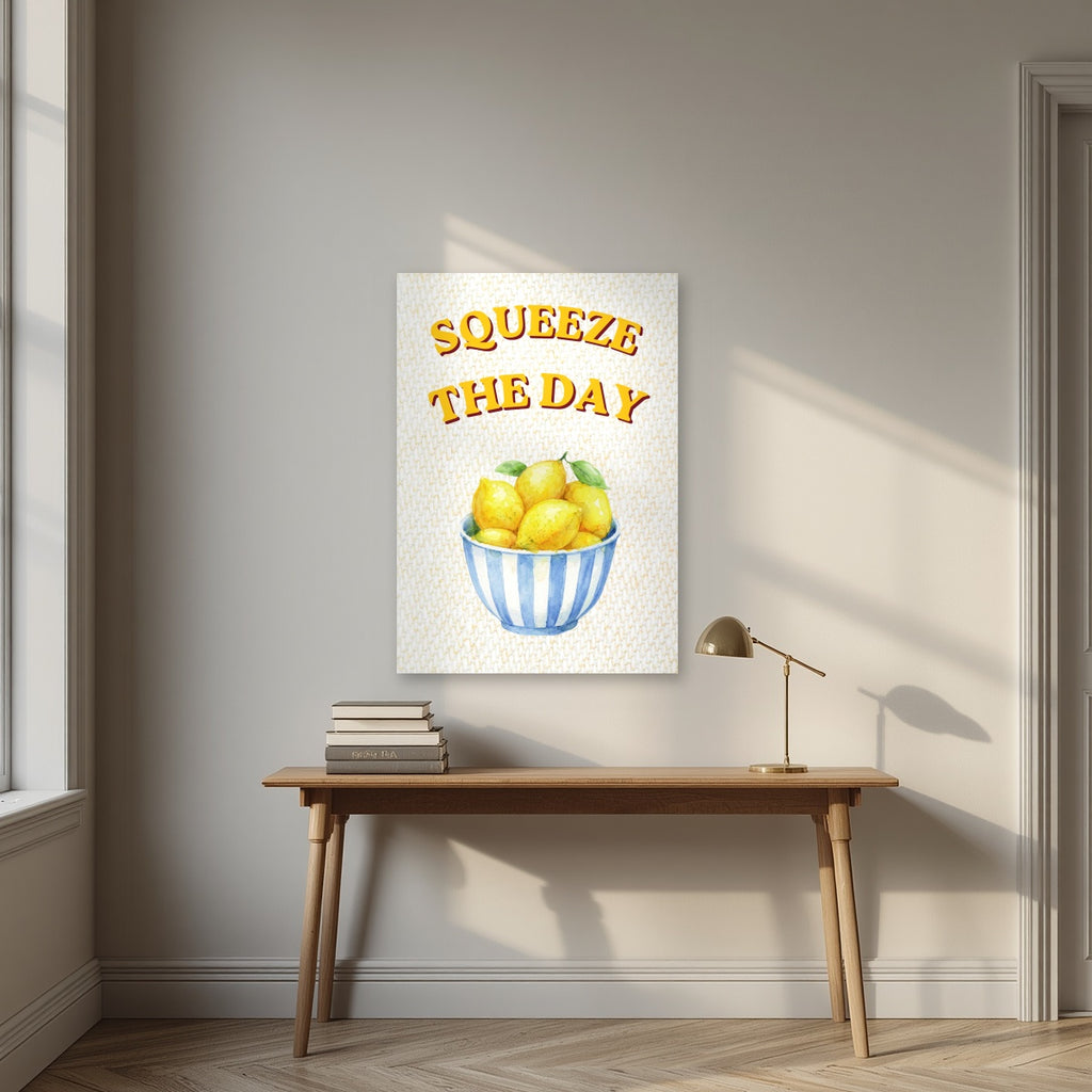Squeeze The Day – Limoncello as an unframed print, above an oak writing desk