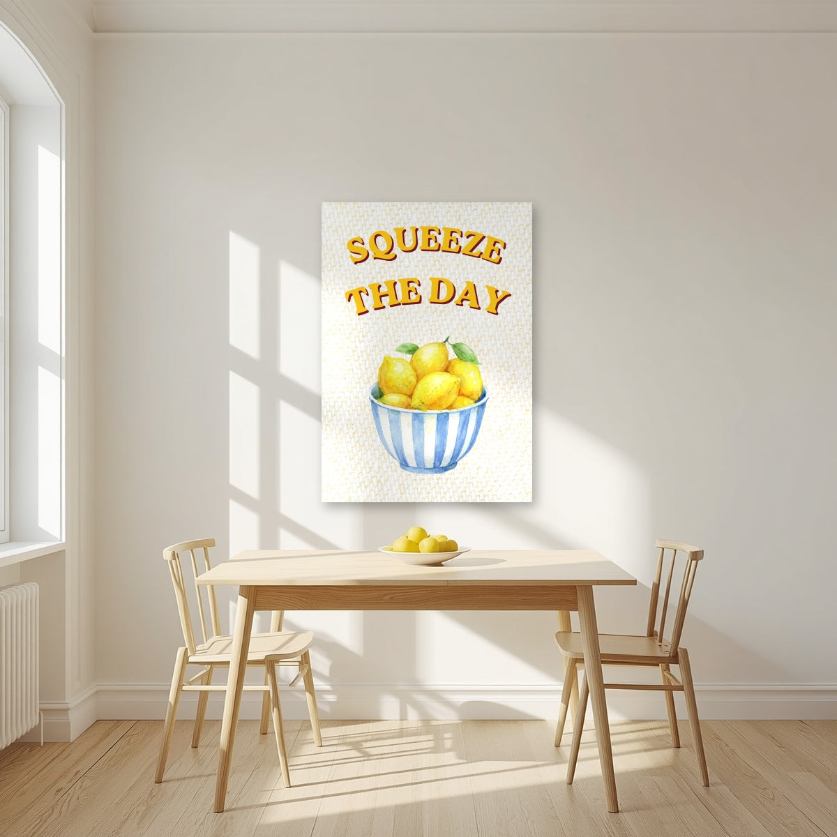Squeeze The Day – Limoncello as an unframed print, above a dining table in a bright kitchen