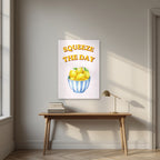 Squeeze The Day – Positano Pink as an unframed print, above an oak writing desk