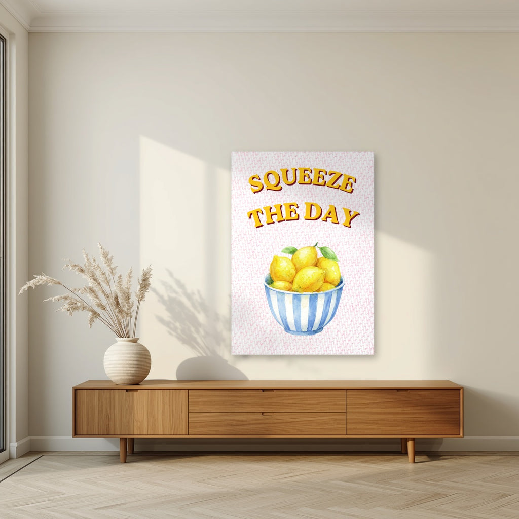 Squeeze The Day – Positano Pink as an unframed print, above a walnut sideboard in a living room