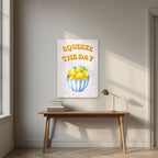 Squeeze The Day – Tuscan Taupe as an unframed print, above an oak writing desk