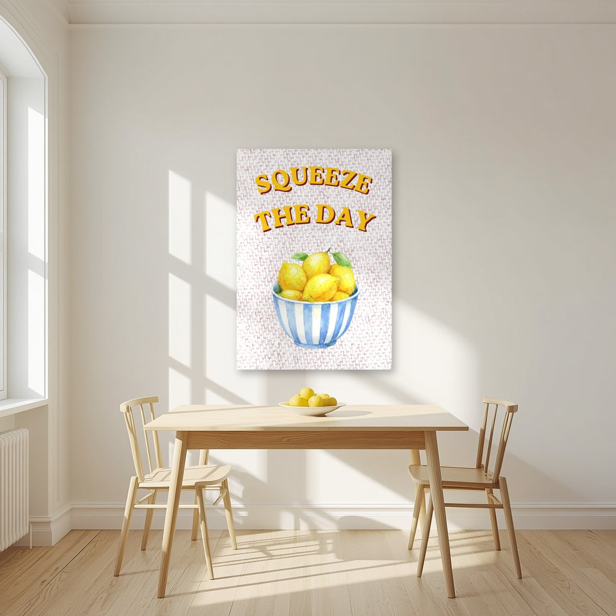 Squeeze The Day – Tuscan Taupe as an unframed print, above a dining table in a bright kitchen