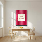 Sweet Dreams – Claret Stripe print in a black frame in a kitchen