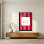 Sweet Dreams – Claret Stripe print in a black frame in a living room