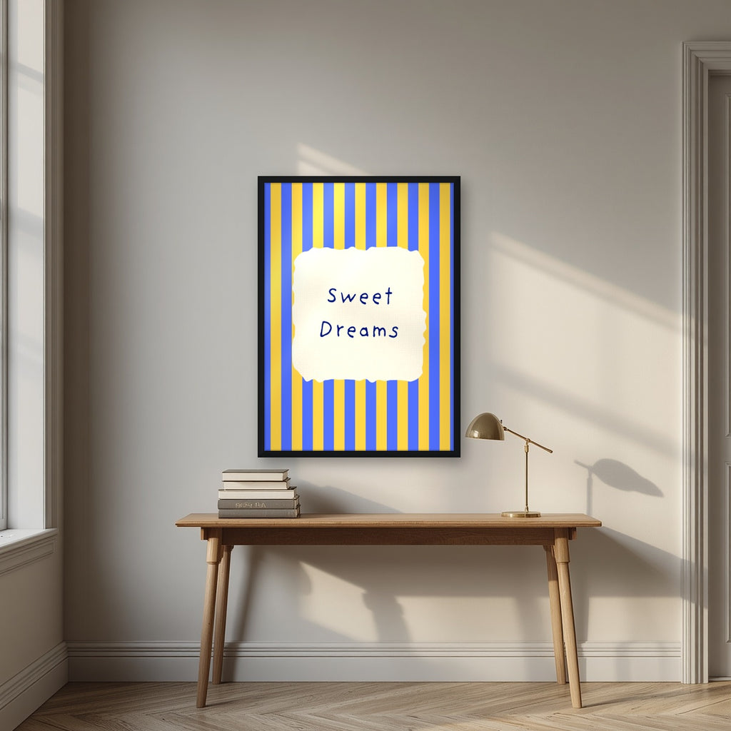 Sweet Dreams – Cornflower Stripe print in a black frame above a desk