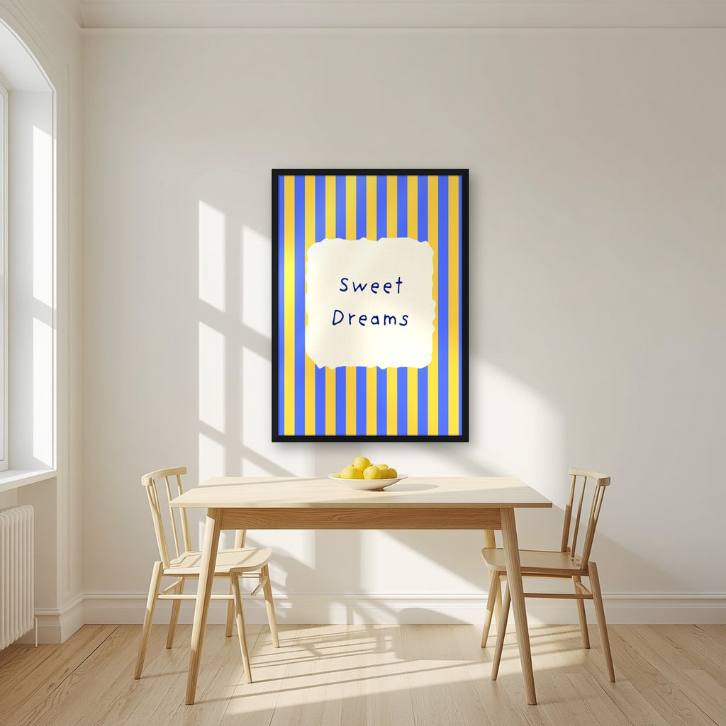 Sweet Dreams – Cornflower Stripe print in a black frame in a kitchen