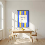 Sweet Dreams – Cornflower Stripe print in a black frame in a kitchen