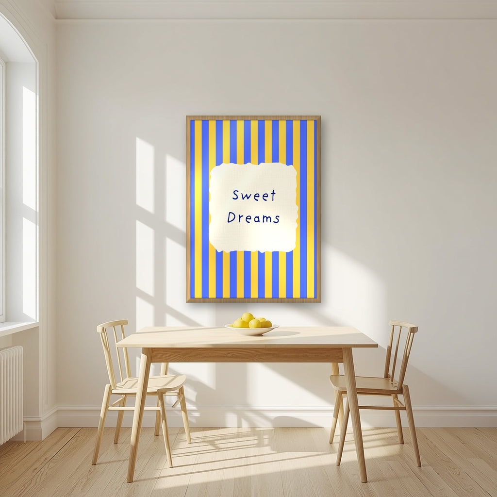 Sweet Dreams – Cornflower Stripe print in an oak frame in a kitchen