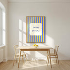 Sweet Dreams – Cornflower Stripe print in an oak frame in a kitchen