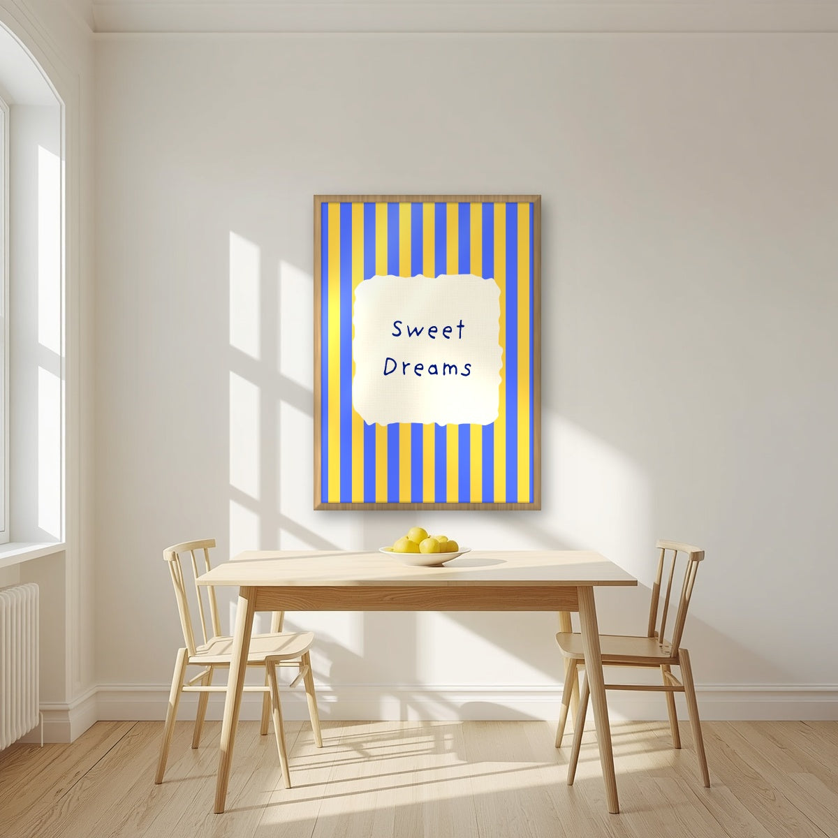 Sweet Dreams – Cornflower Stripe print in an oak frame in a kitchen