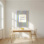 Sweet Dreams – Cornflower Stripe print in a white frame in a kitchen