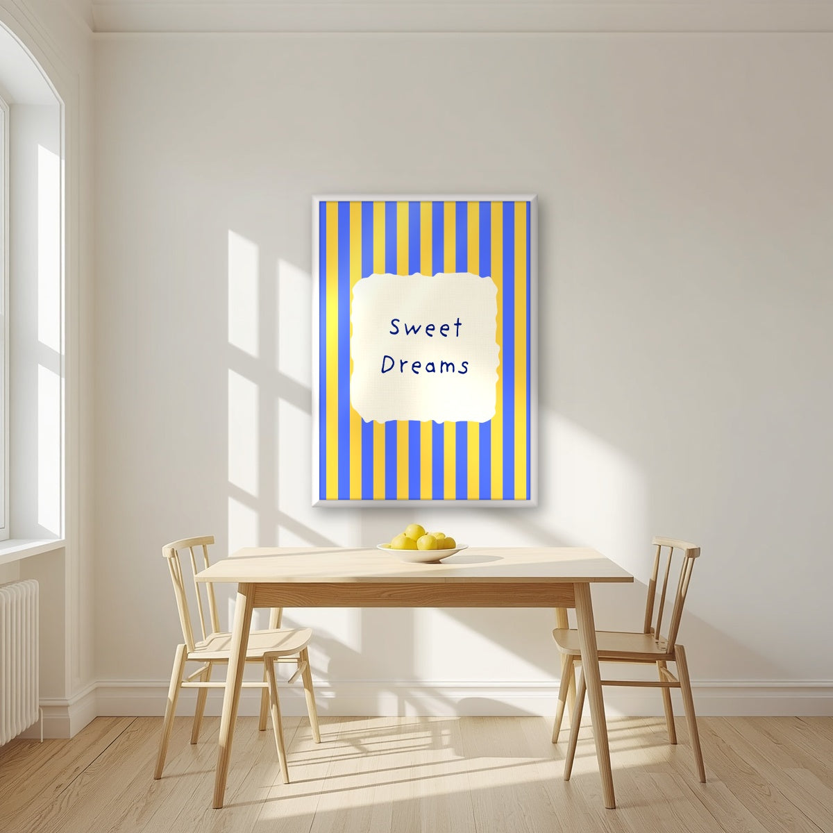 Sweet Dreams – Cornflower Stripe print in a white frame in a kitchen