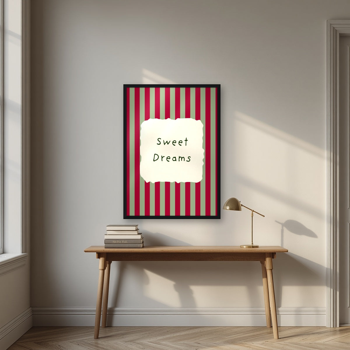 Sweet Dreams – Garden Sage print in a black frame above a desk