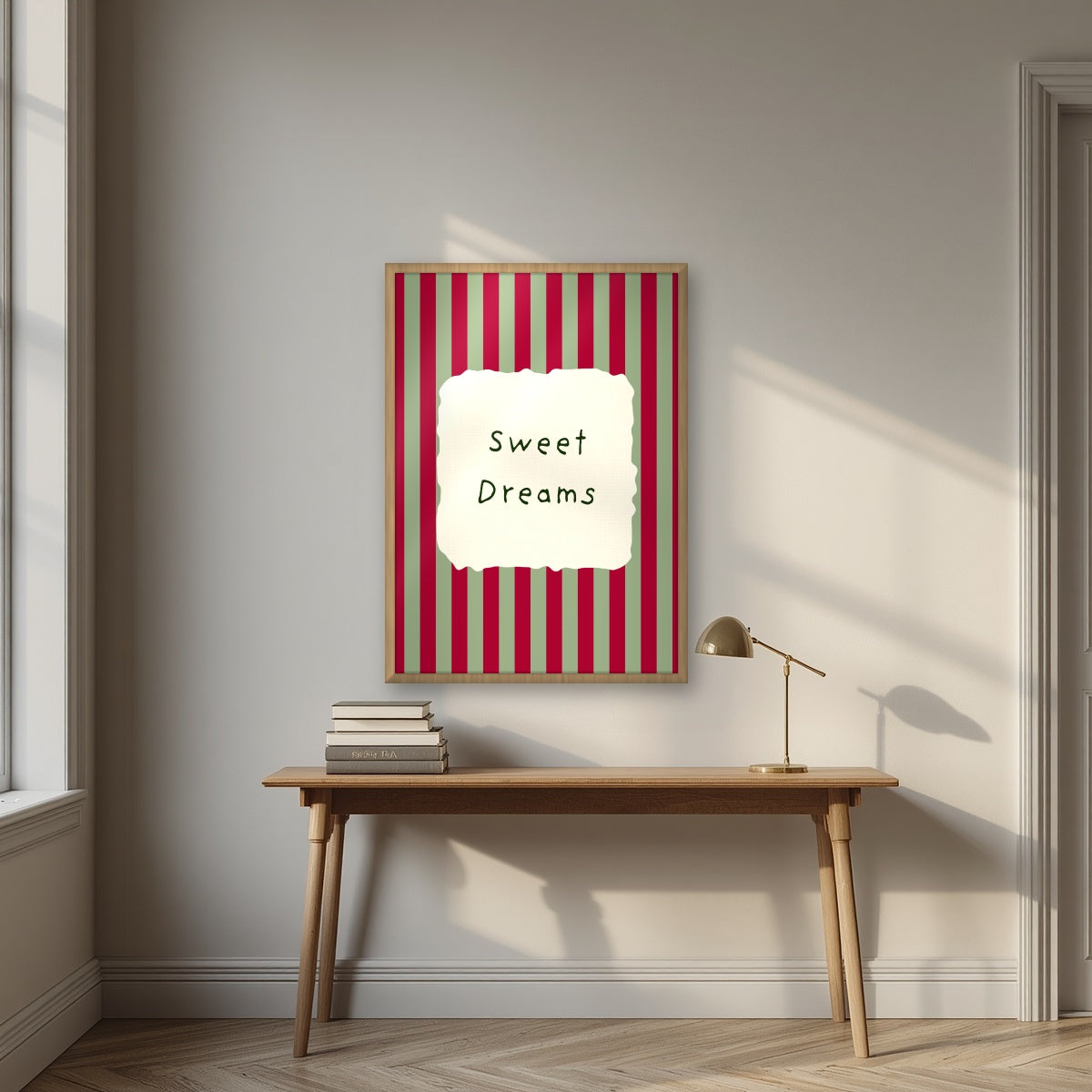 Sweet Dreams – Garden Sage print in an oak frame above a desk