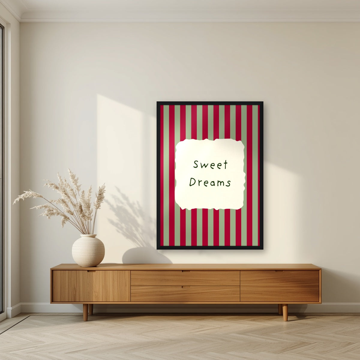 Sweet Dreams – Garden Sage print in a black frame in a living room