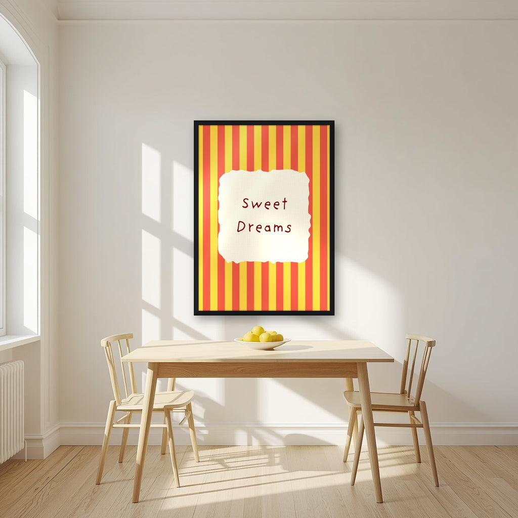 Sweet Dreams – Marmalade Stripe print in a black frame in a kitchen