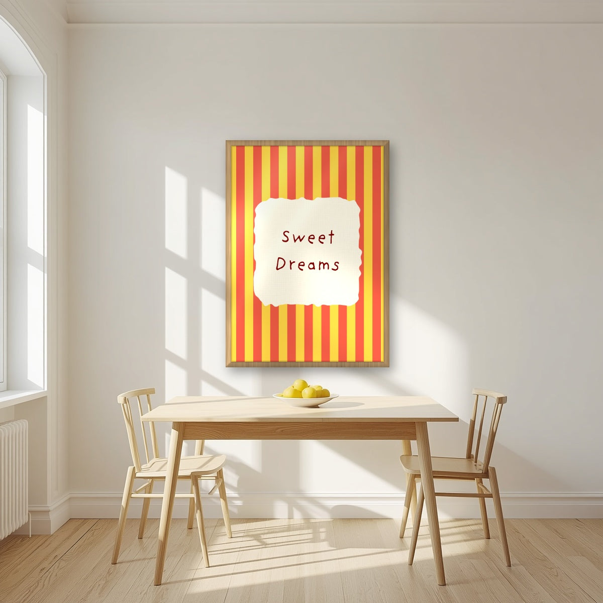 Sweet Dreams – Marmalade Stripe print in an oak frame in a kitchen