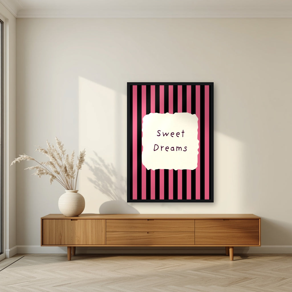Sweet Dreams – Midnight Stripe print in a black frame in a living room