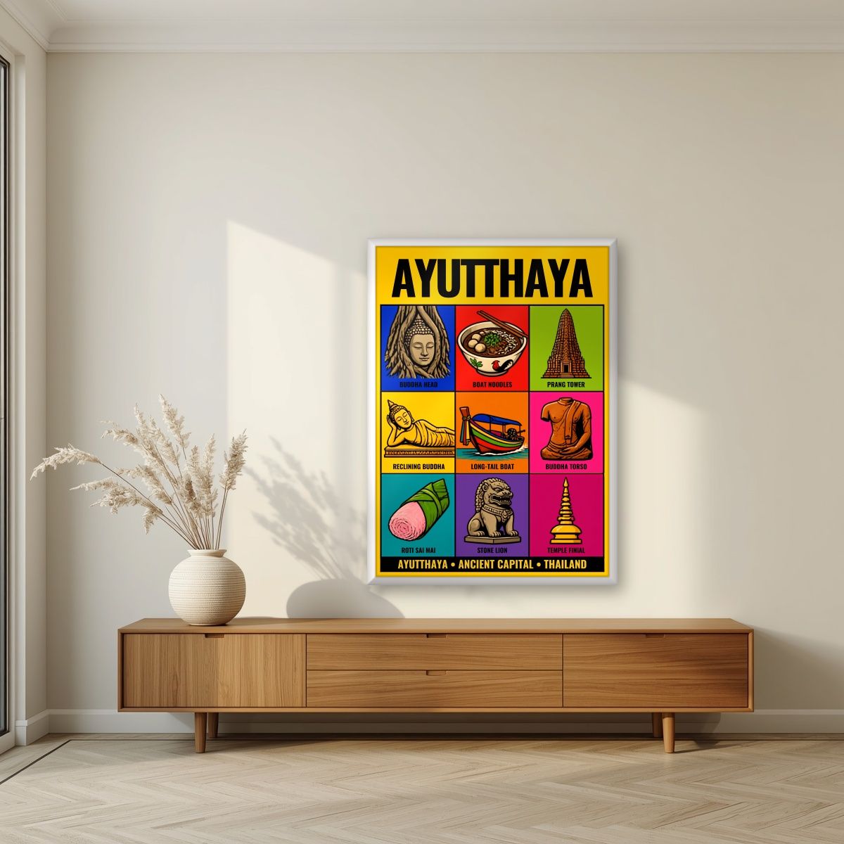 Krung Kao — Ayutthaya art print, in a white frame, styled in a living room