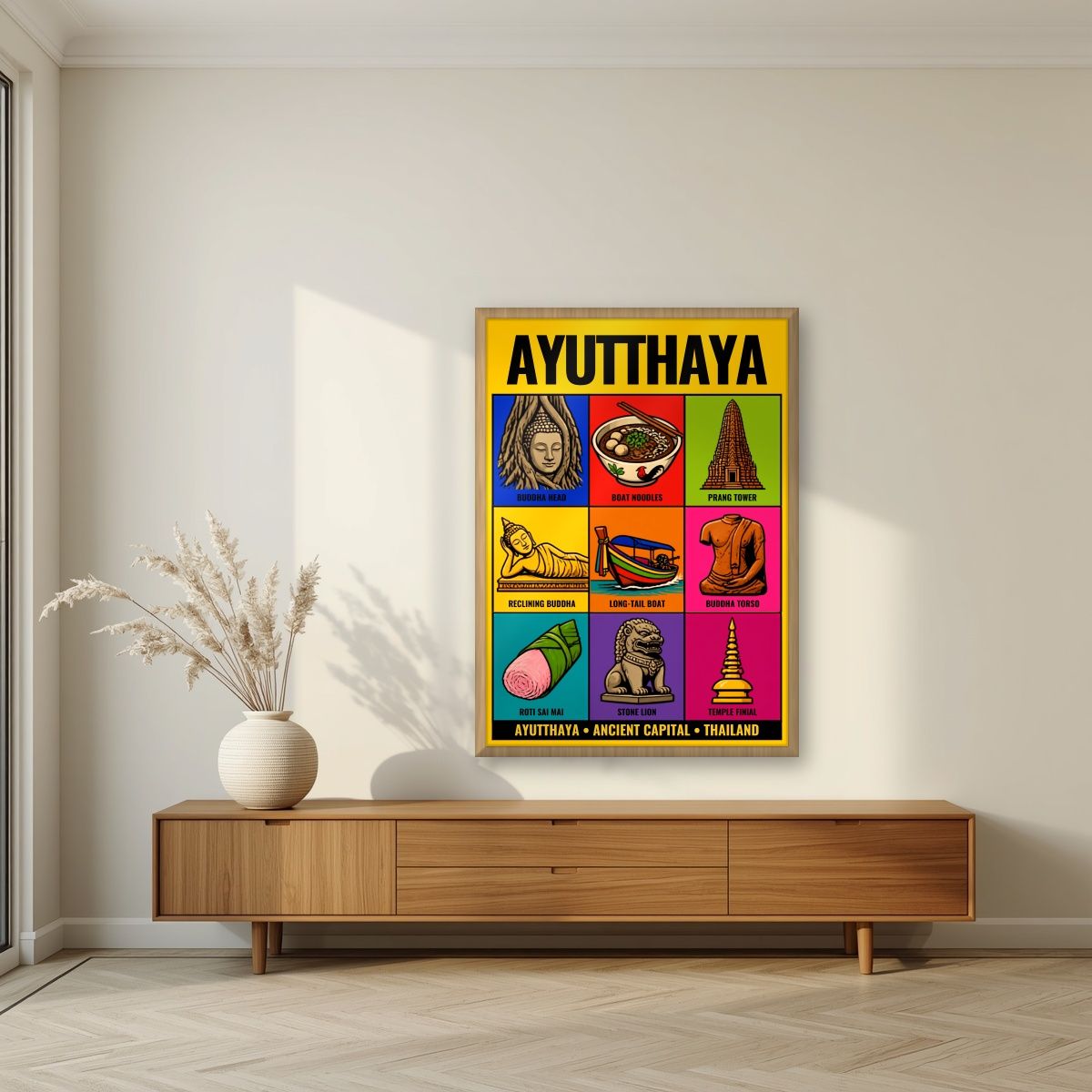 Krung Kao — Ayutthaya art print, in an oak frame, styled in a living room