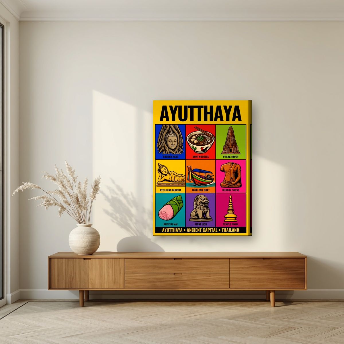 Krung Kao — Ayutthaya art print, on slim canvas, styled in a living room