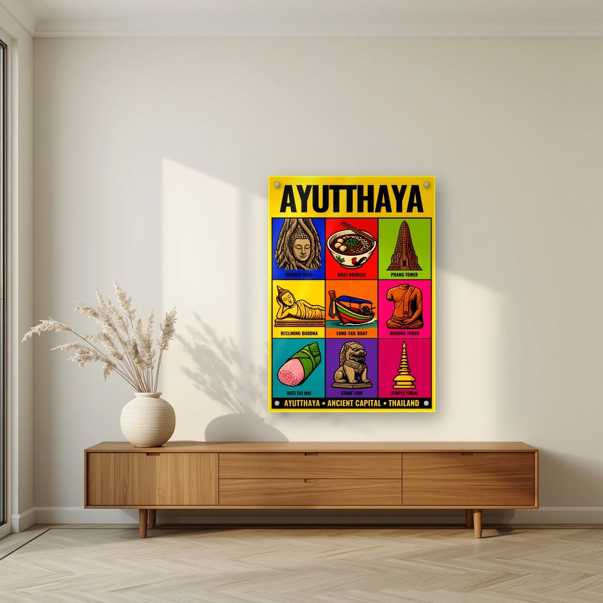 Krung Kao — Ayutthaya art print, as an acrylic print, styled in a living room