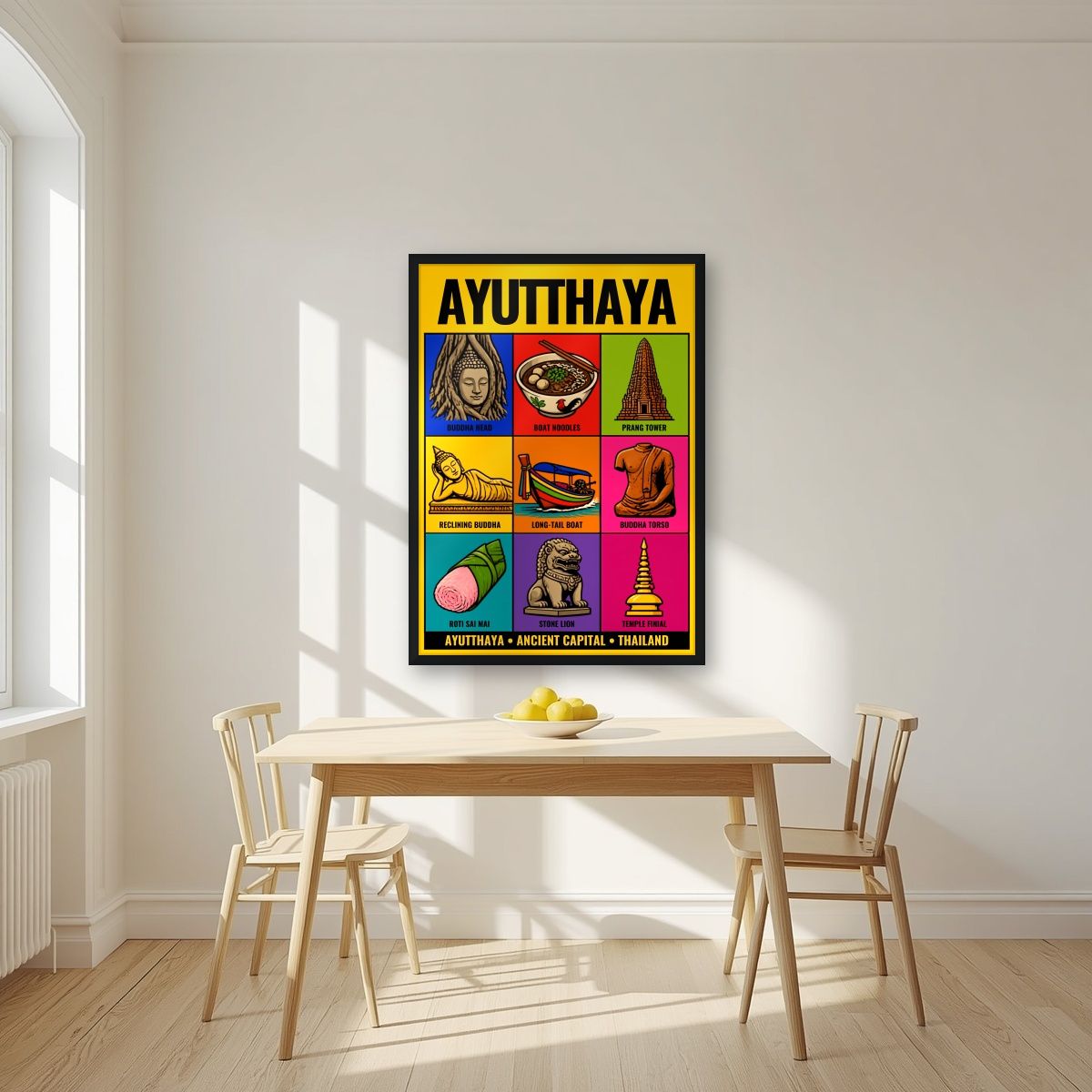 Krung Kao — Ayutthaya art print, in a black frame, styled in a kitchen