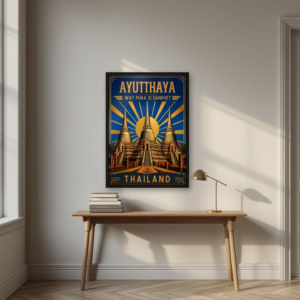 Phra Si Sanphet — Ayutthaya art print, in a black frame, styled in a desk