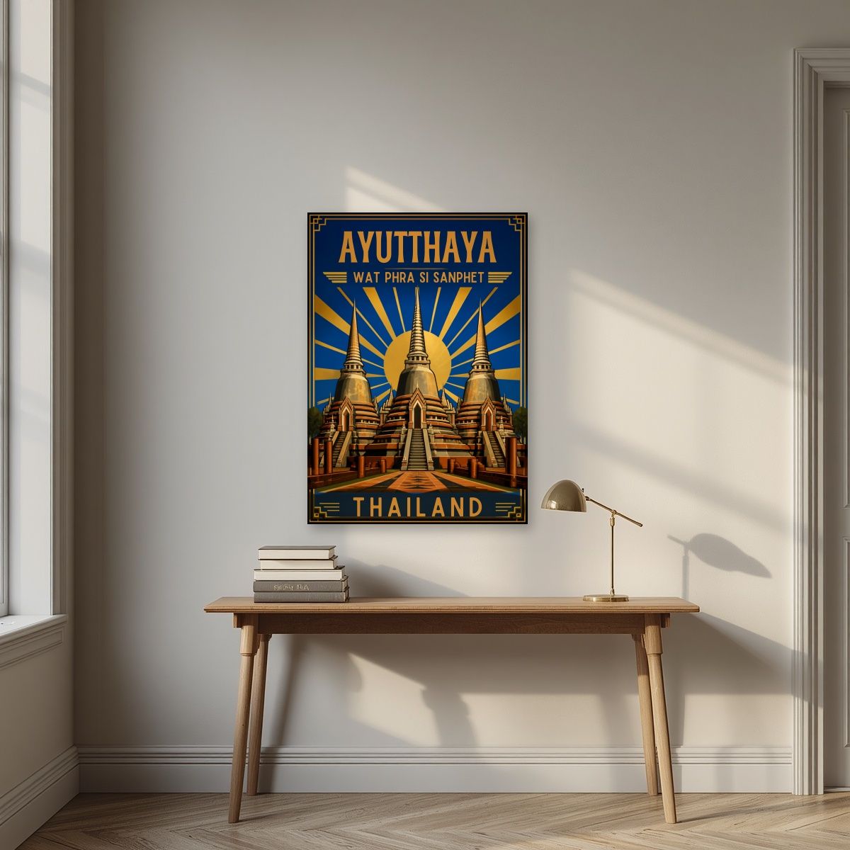 Phra Si Sanphet — Ayutthaya art print, unframed poster, styled in a desk