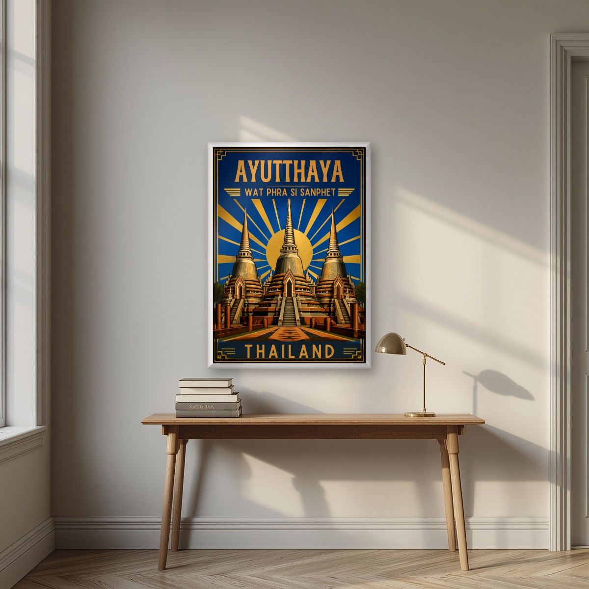 Phra Si Sanphet — Ayutthaya art print, in a white frame, styled in a desk