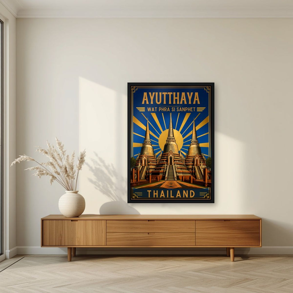 Phra Si Sanphet — Ayutthaya art print, in a black frame, styled in a living room