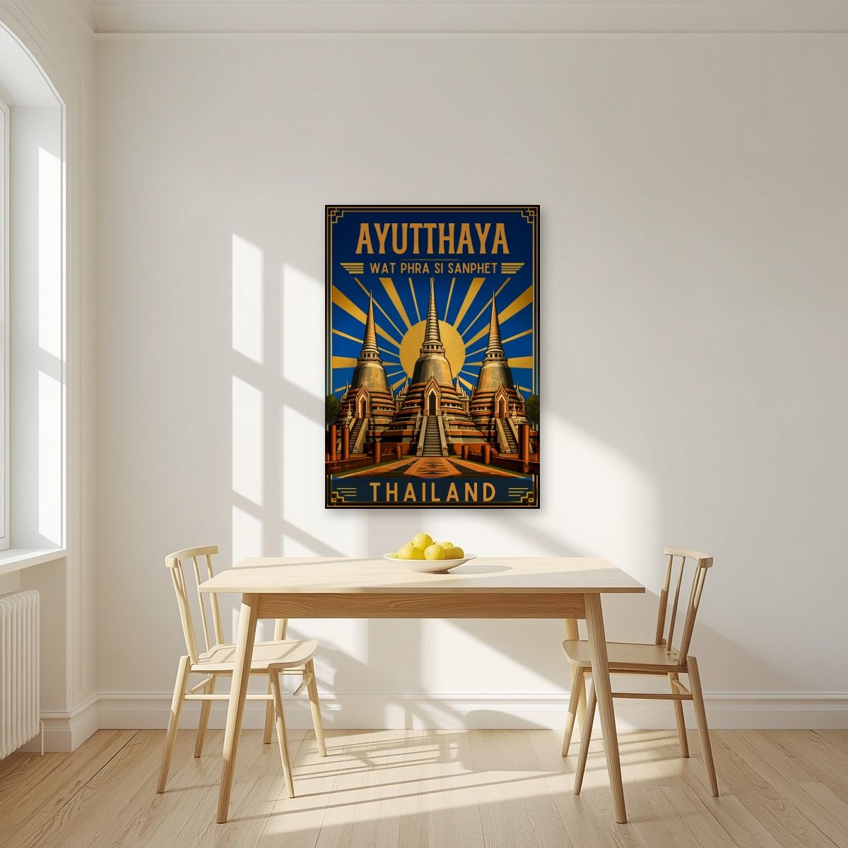 Phra Si Sanphet — Ayutthaya art print, unframed poster, styled in a kitchen