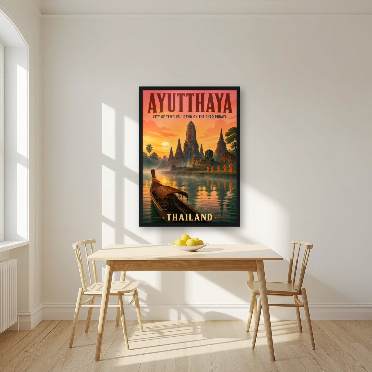 Rung Arun — Ayutthaya art print, in a black frame, styled in a kitchen